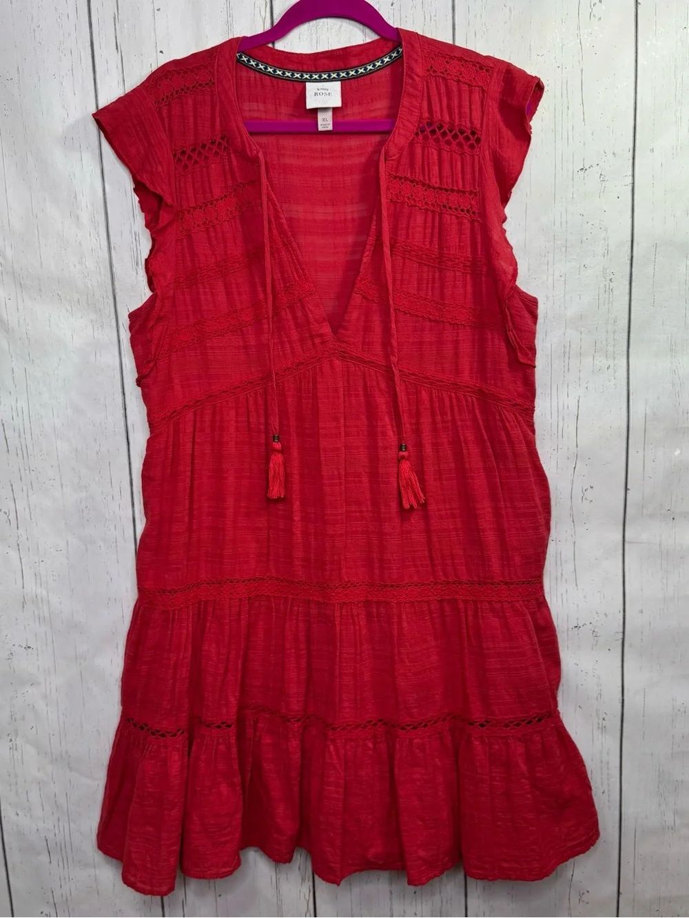 Knox Rose Red Western Boho Tiered Mini Dress XL Tassel Tie Cottagecore Festival